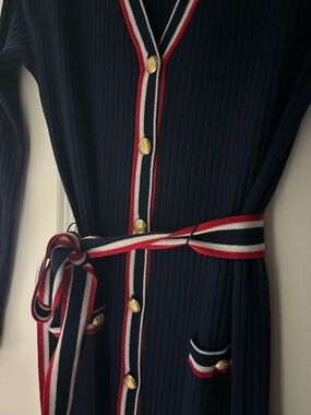 ✨ COURT & ROWE Navy Ribbed Midi Dress with Red & White Trim SMALL Patriotic